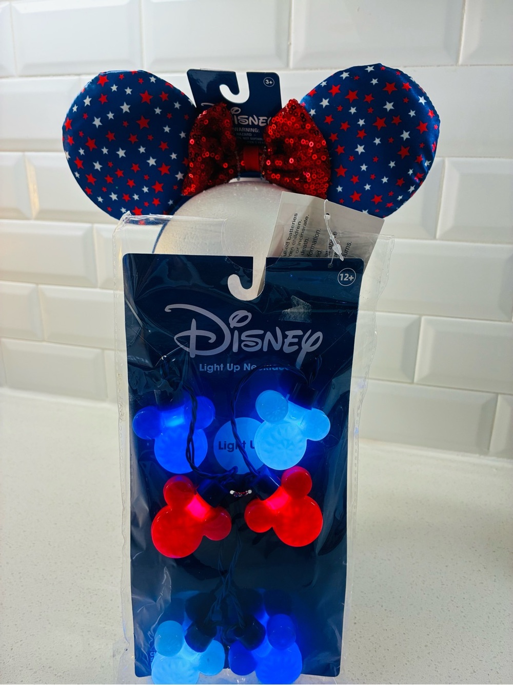 Disney Minnie Ears Headband with Red Sequin Bow and Light-Up Mickey Icons bundle